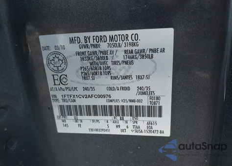 2010 Ford F-150 Fx2 Sport/Lariat/Xl/Xlt from USA, damaged, VIN 1FTFX1CV2AFC00976